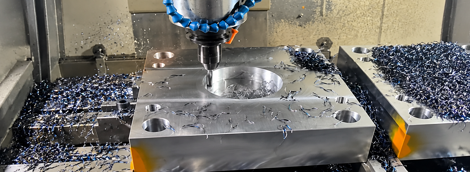 CNC machine cutting a precision metal component
